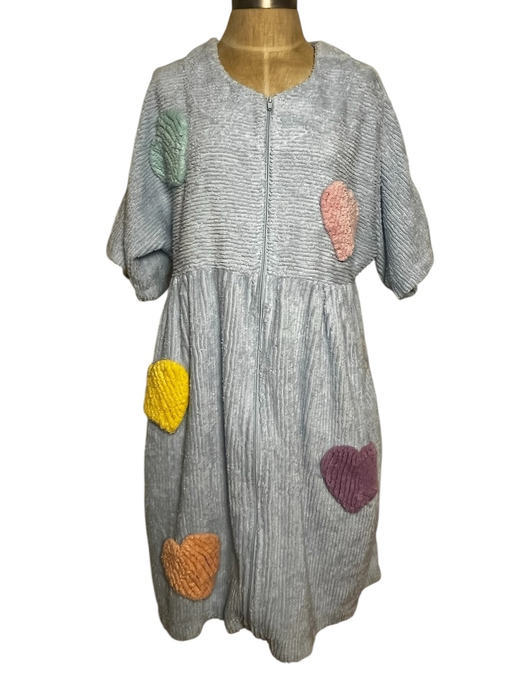 Vintage Canyon Group Hot Hearts Chenille House Dress Robe Blue Medium 80s 90s